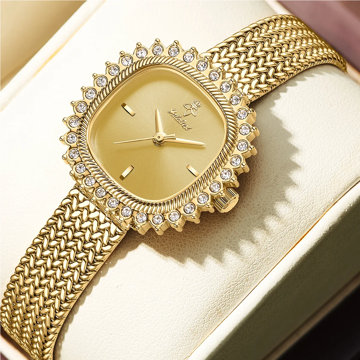 Luxury Sunflower Patterned Bezel Square Quartz Movement Watch