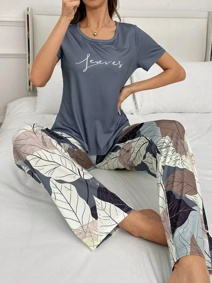 Four-Season Elegant Floral Print Short-Sleeved Long Pants Pajama Set
