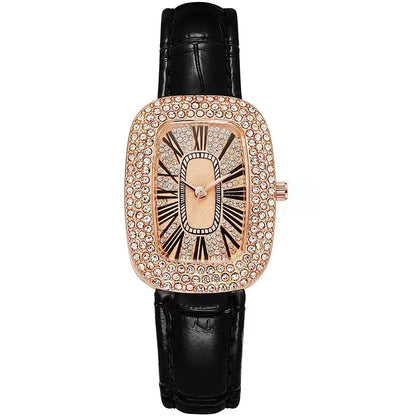Leather strap with diamond inlay water diamond wine barrel quartz watch