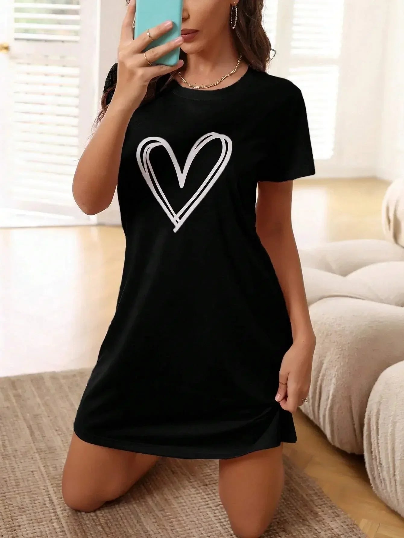 Heart Print Short Sleeve Sexy Dress