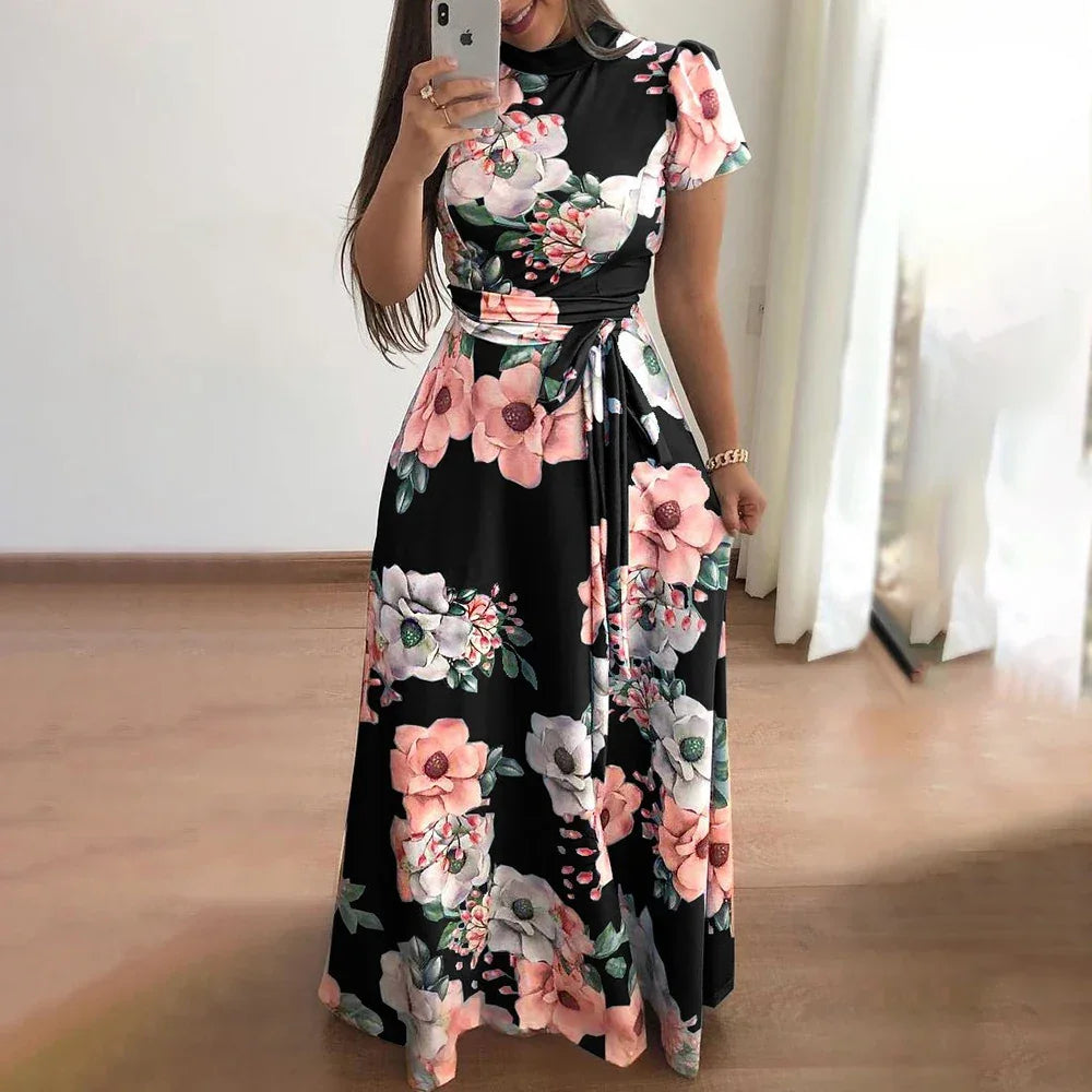 Floral Short Sleeves High Waist Maxi Dress