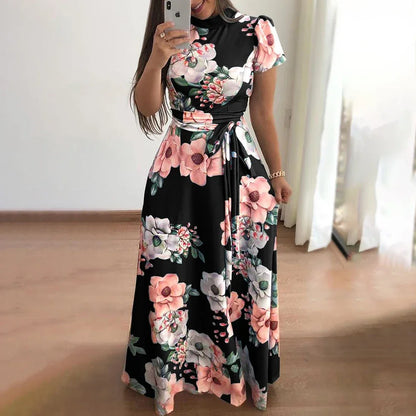Floral Short Sleeves High Waist Maxi Dress
