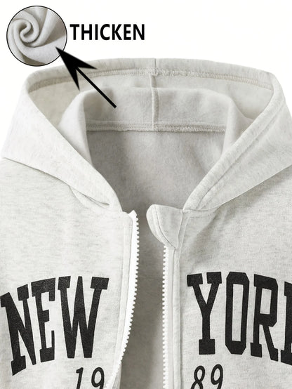 Autumn and Winter Thickened Hooded Zip-Up Jacket + "New York" Printed Set