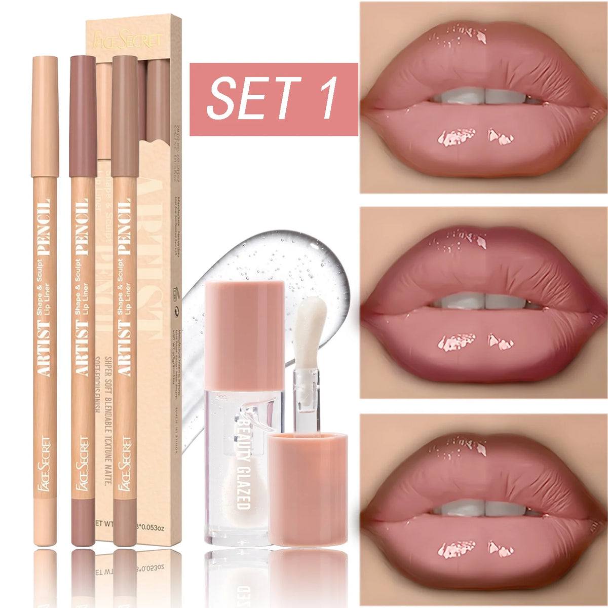 4Pcs Lip Liner & Lip Gloss Set Waterproof Long-lasting