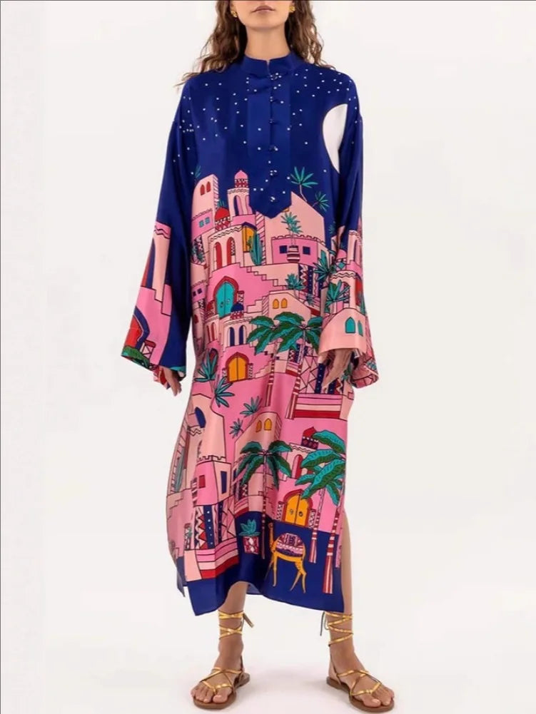 Vintage Satin Print Long Dress