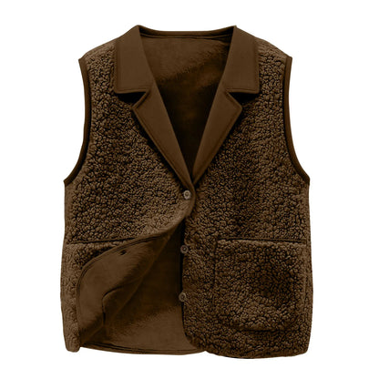 Sherpa Lapel Collar Button-Front Pockets Warm Sleeveless Jacket Coat Vest