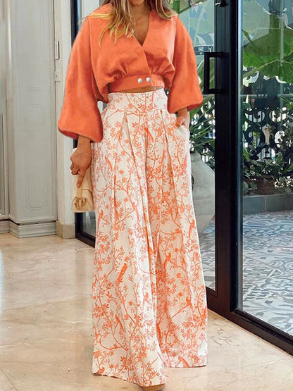 V-neck Long Sleeve Shirt And Straight Print Wide Leg Long Pant Sets