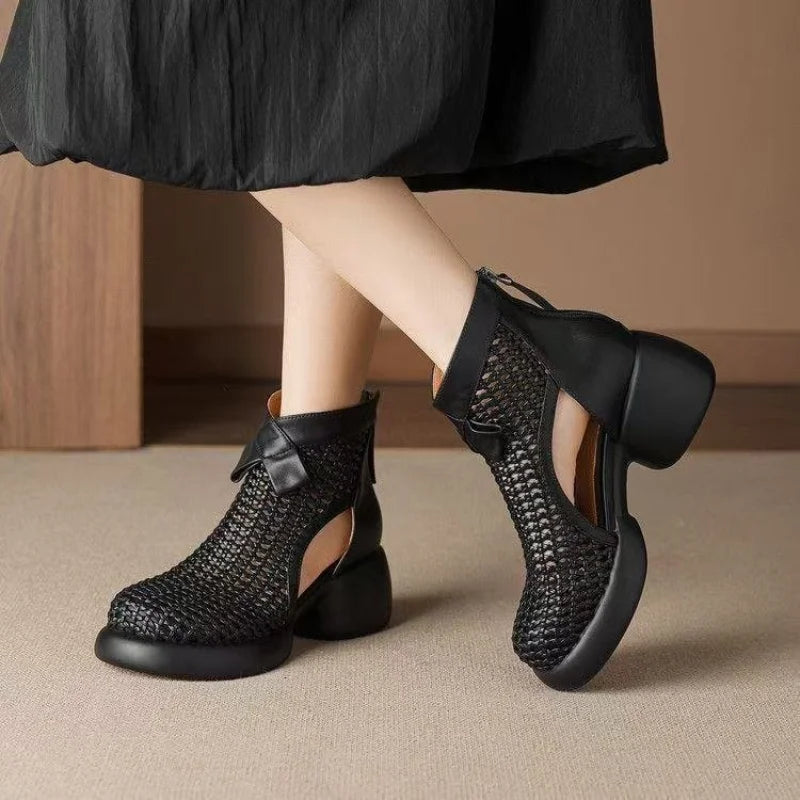 Chunky Heel Soft Leather Roman Sandals Casual Shoes