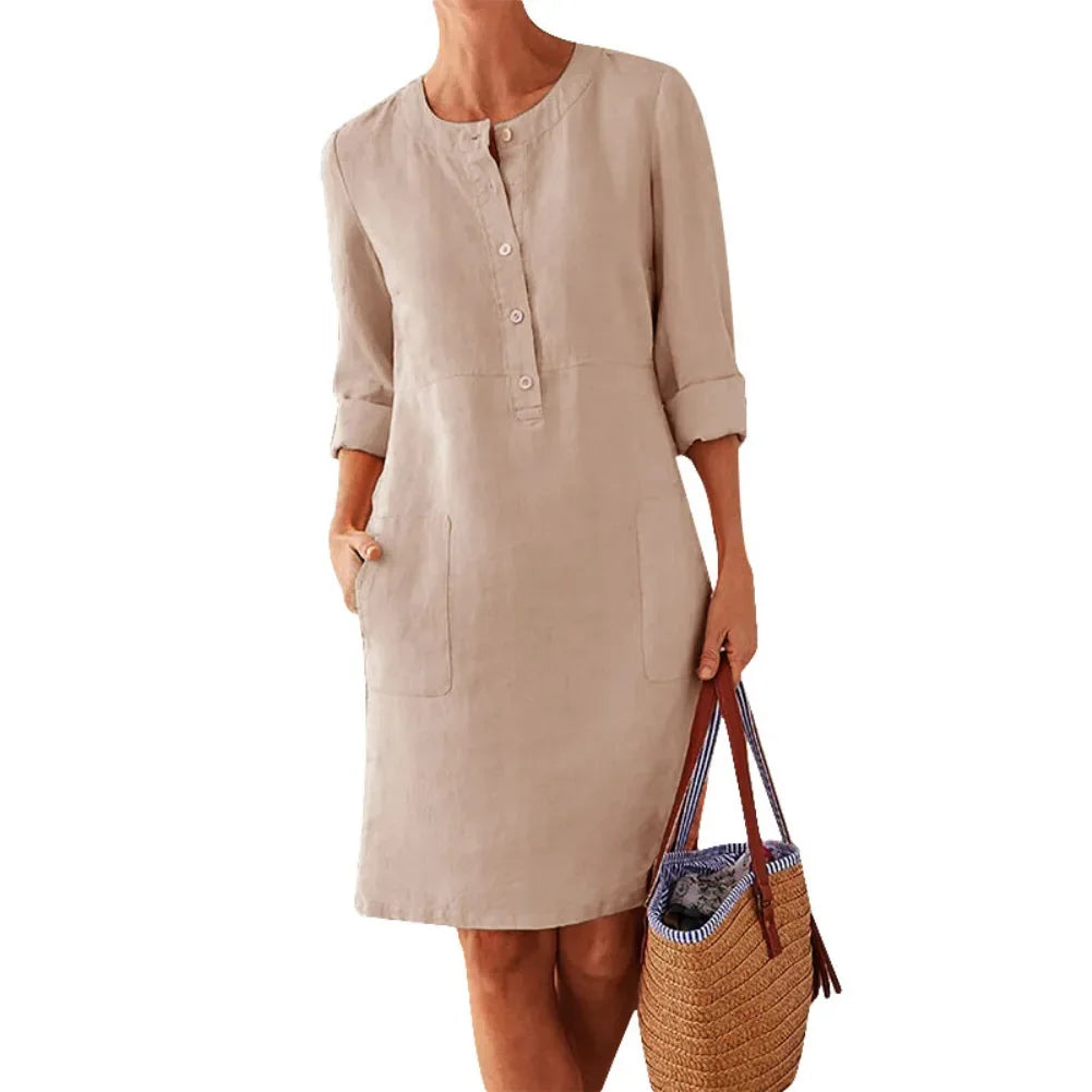 Casual Long Sleeve Cotton And Linen Tunic Dress