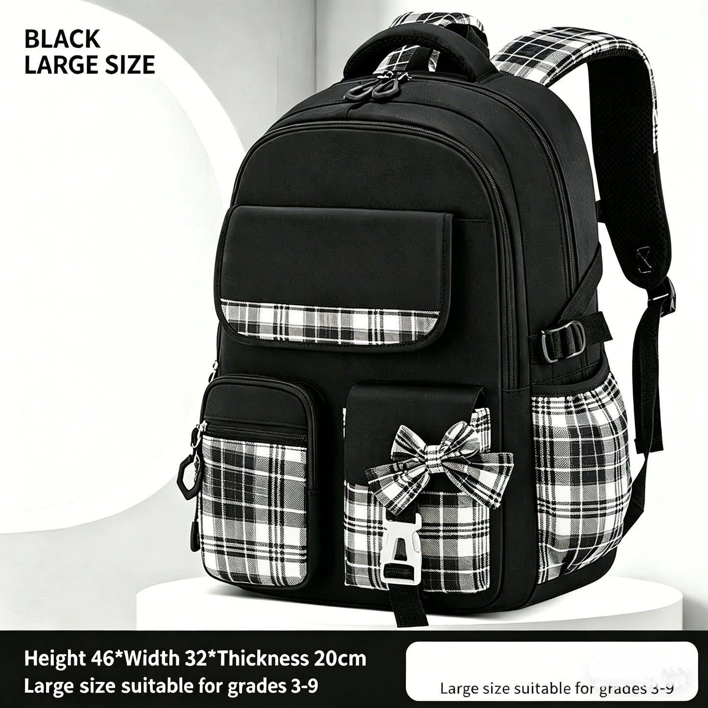 School Students Girls Checkered Backpack Large Capacity Bags