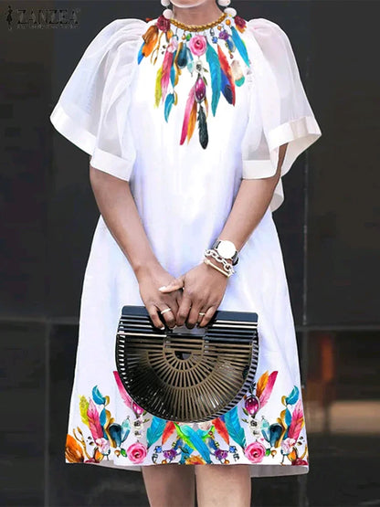 Mesh Patchwork Sundress Mini Ruffle Short Sleeve Dress