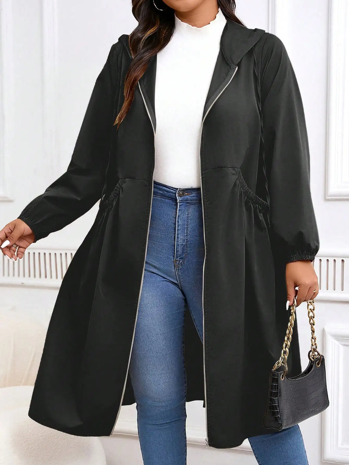 Plus Size Zip Up Hooded Casual Long Sleeve Coat
