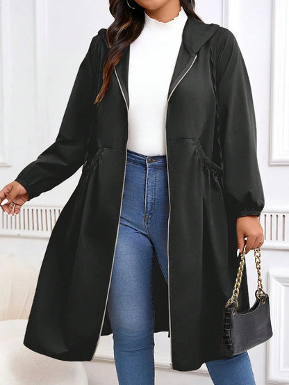 Plus Size Zip Up Hooded Casual Long Sleeve Coat