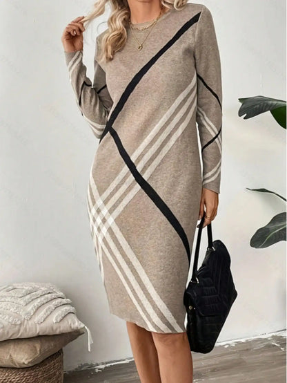 Plus Size Apricot Beige Cross Stripe Sweater Long Sleeve Knitted Midi Shift Dress