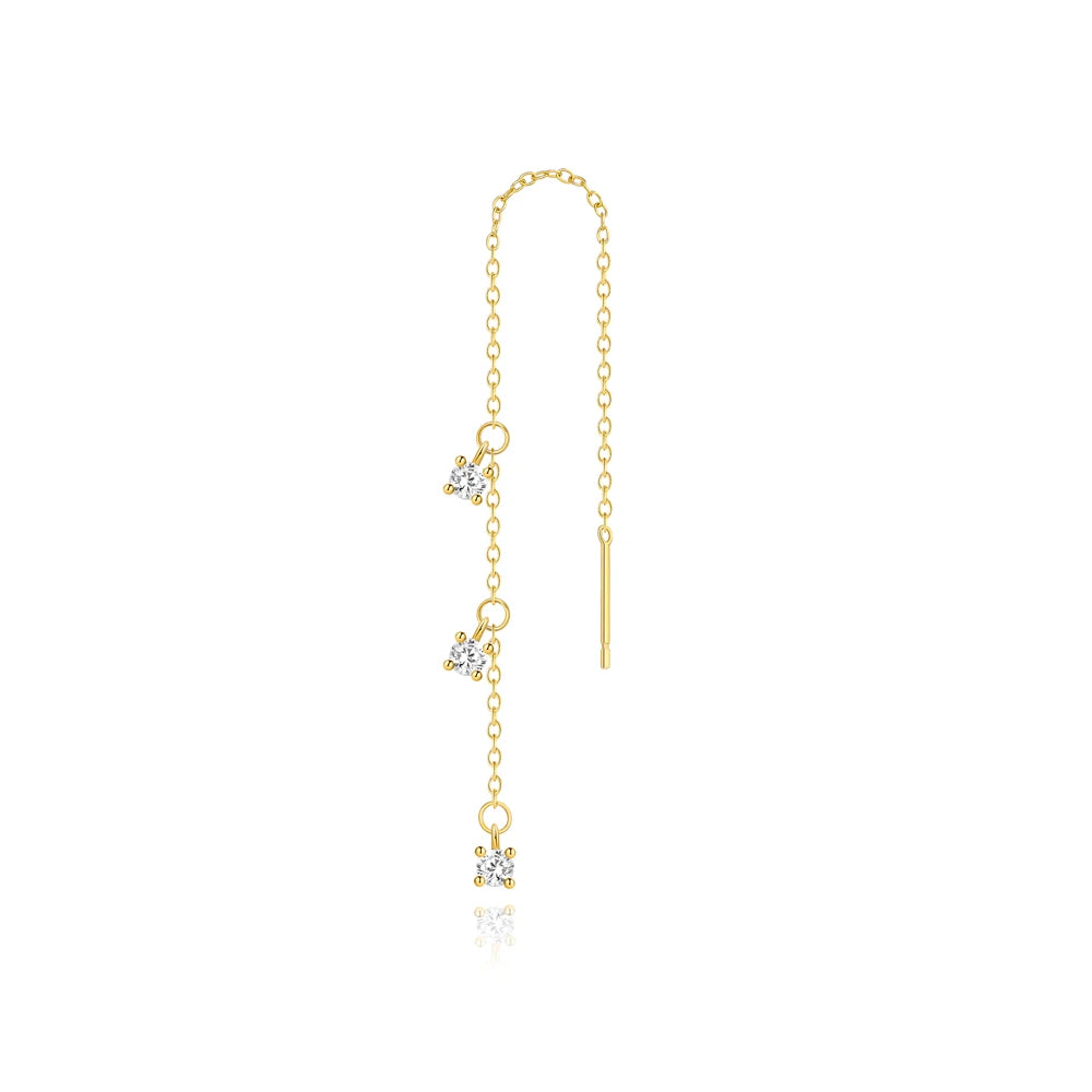 925 Sterling Silver Three Zircon Drop Long Chain Gold Hoop Buckle Piercing Earrings