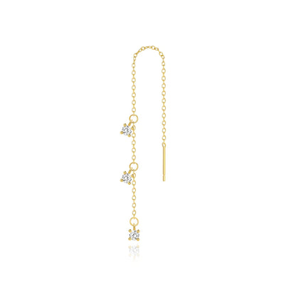 925 Sterling Silver Three Zircon Drop Long Chain Gold Hoop Buckle Piercing Earrings