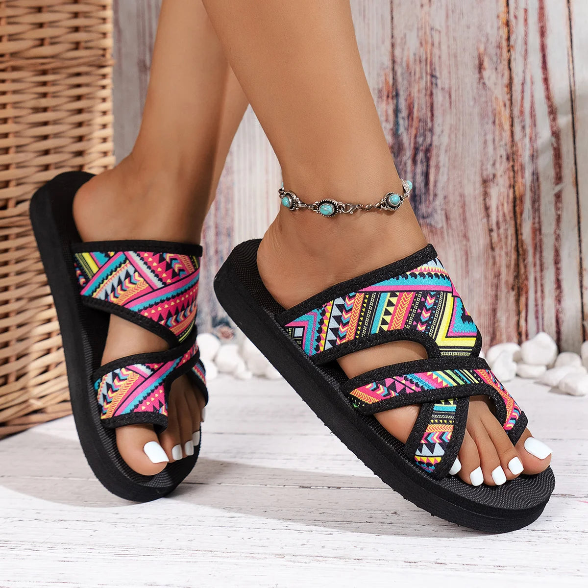 Open Toe Slip on Colorful Beach Ethnic Lightweight Slippers