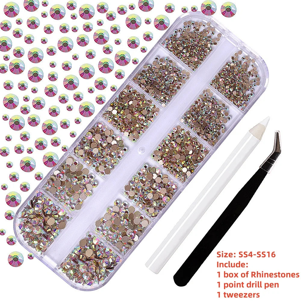 12Gird 3D Glass AB Crystal Nail Art Rhinestones Kit