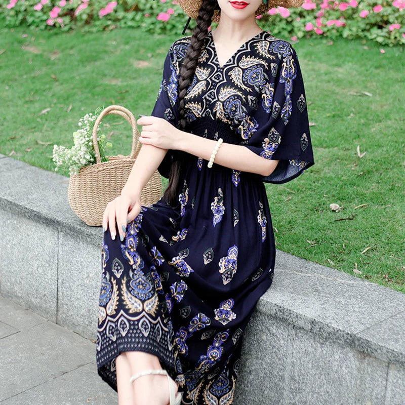 Colorful Flower  Bohemian Midi Dress