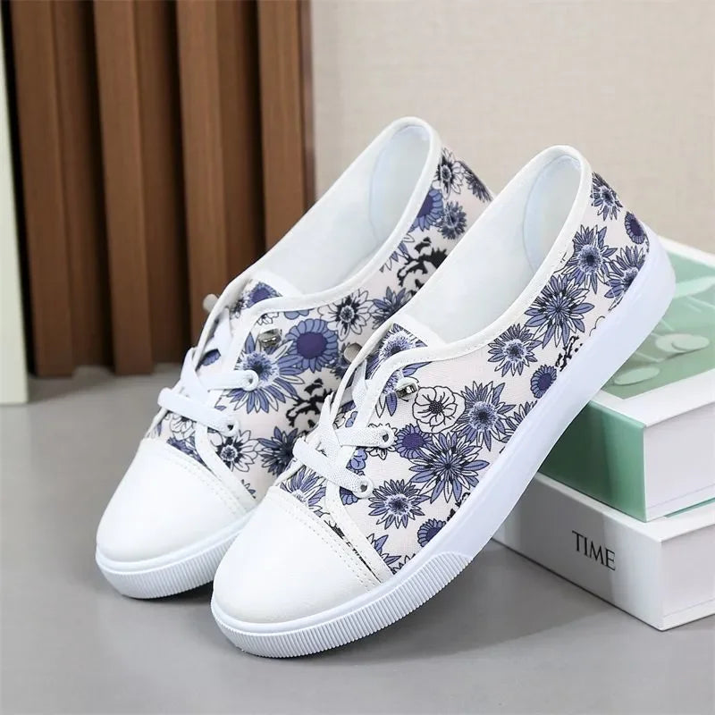 Sweet Round Toe Red Floral Print Canvas Shoes