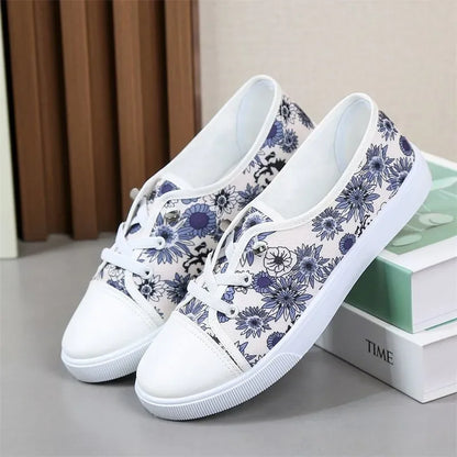 Sweet Round Toe Red Floral Print Canvas Shoes