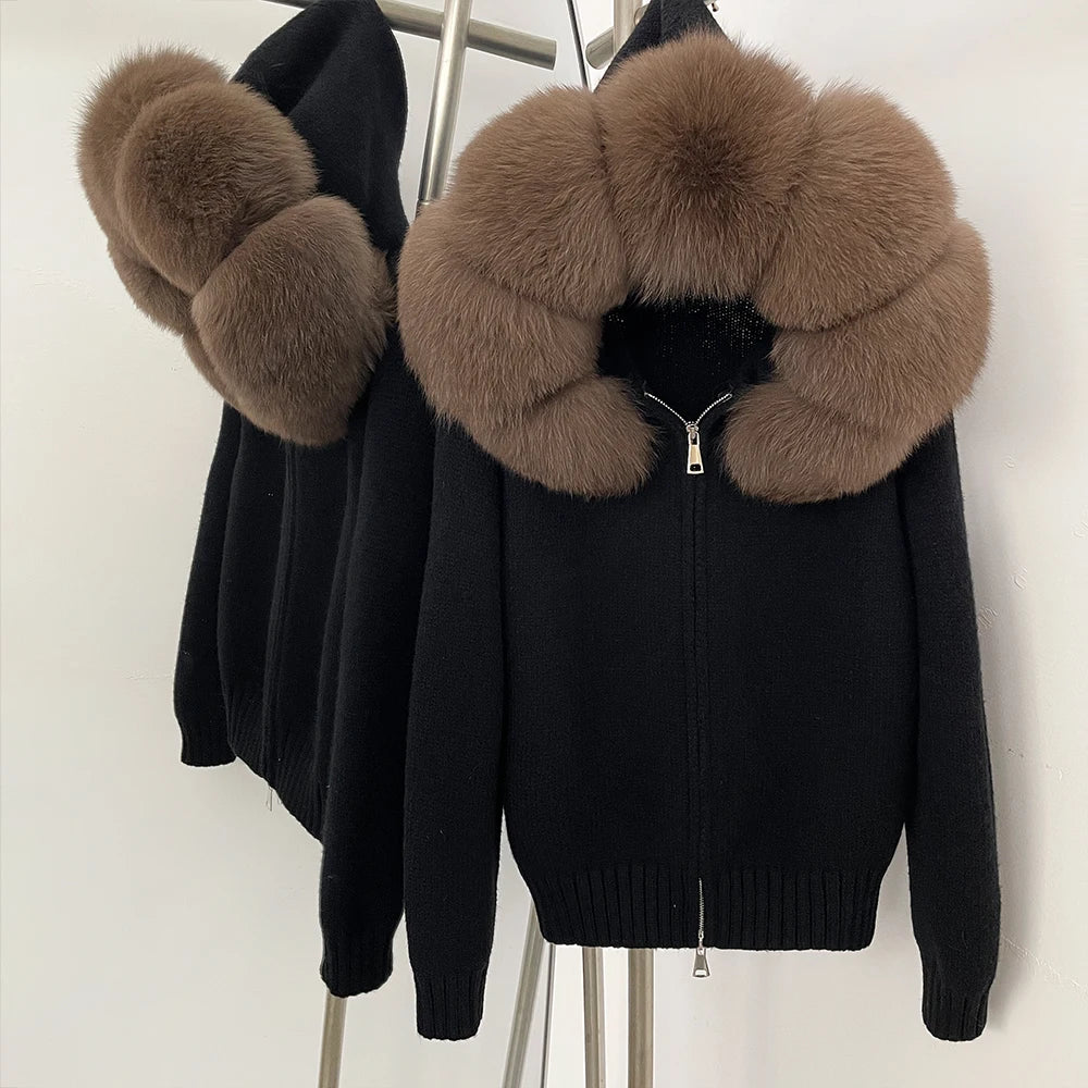 Autumn Winter Casual Hooded Real Fox Fur Collar Short Knitted Jacket