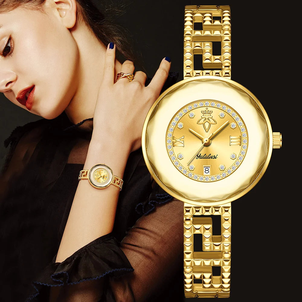 Round Dial Luxury Diamond-Studded Water-Resistant Quartz Bracelet Watch
