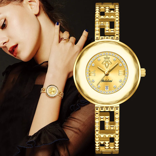 Round Dial Luxury Diamond-Studded Water-Resistant Quartz Bracelet Watch