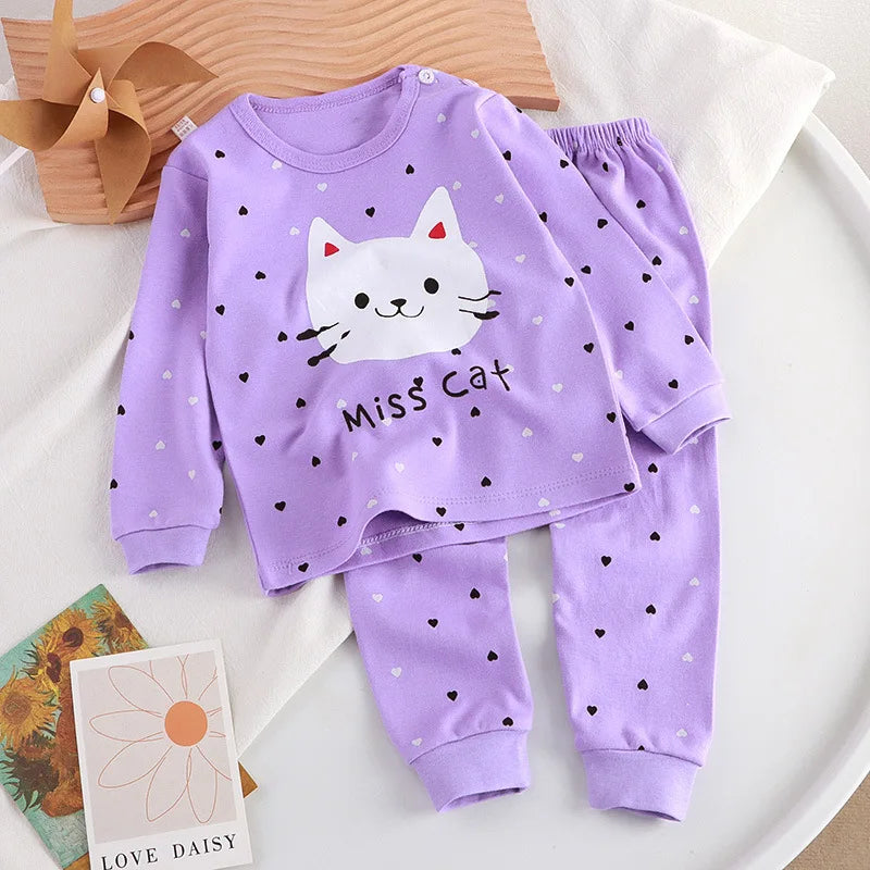 Autumn Cartoon Cat Print Long Sleeve Cotton Sleepwear Pajamas Set