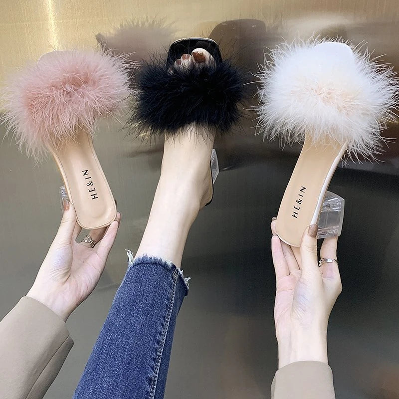 Fox Fur Chunky Flip Flops Sexy Home Slipper