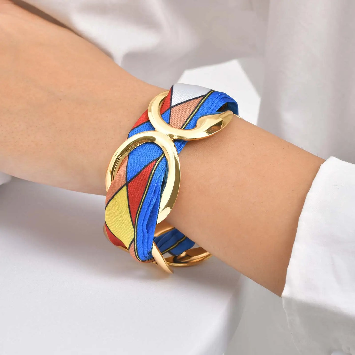 Luxury Simulated Silk Printed Silk Scarf Cuff Stainless Steel Hollow Open Cuff Bracelets