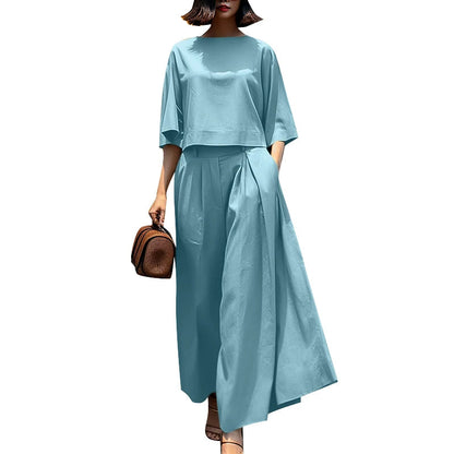 3/4 Sleeve Blouse Trousers Suits Wide Leg Pants Sets