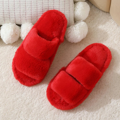 Leopard Pattern Plush Winter Open Toe Soft Sole Fuzzy Warm Faux Fur Slippers