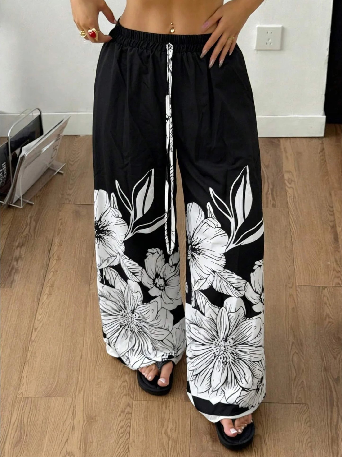 Large-Sized Printed Casual Tie Waist Wide-Leg Pants