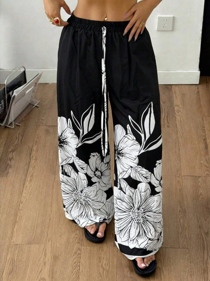 Large-Sized Printed Casual Tie Waist Wide-Leg Pants
