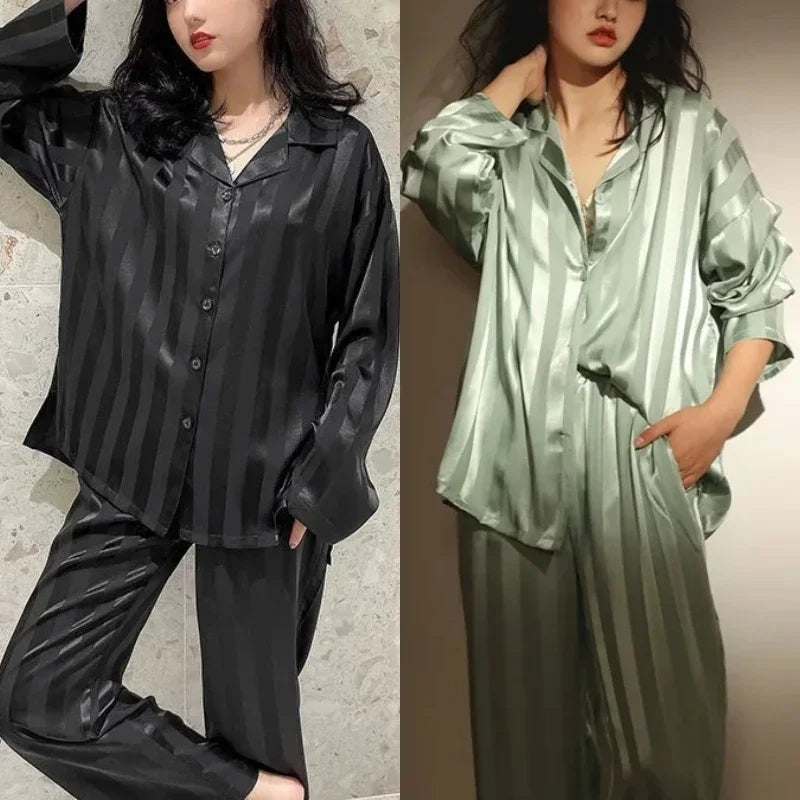 Plus Size Stripes Casual Sweet Loungewear Cardigan Sleepwear Pajama Sets