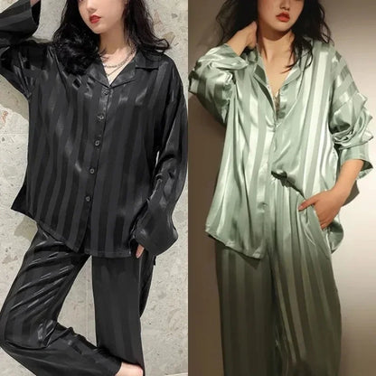 Plus Size Stripes Casual Sweet Loungewear Cardigan Sleepwear Pajama Sets