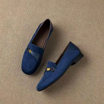 British Style Suede Square Toe Loafers Metal Decor Low Heel Pumps Shoes