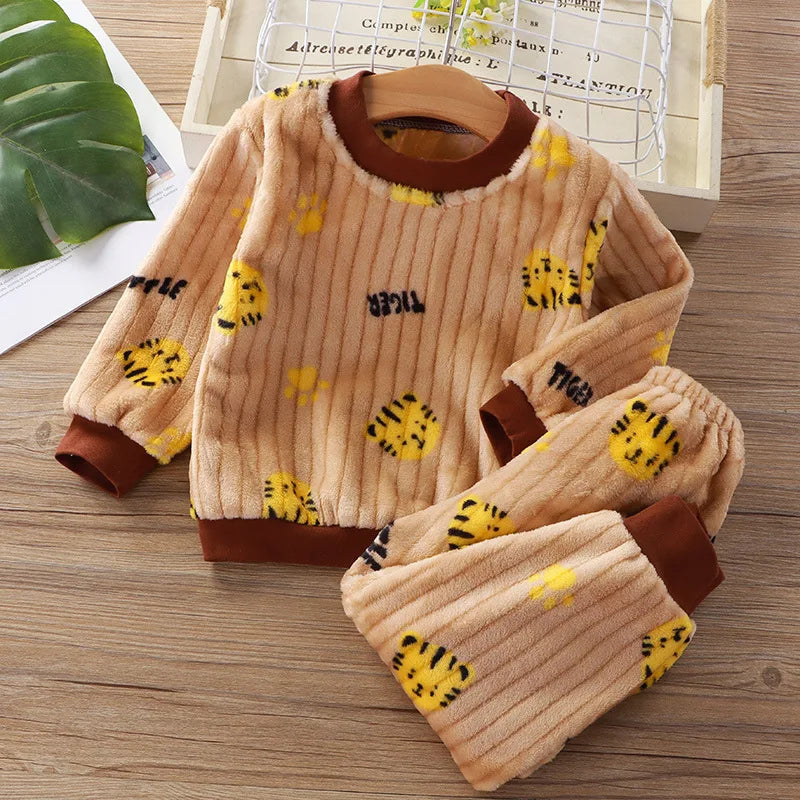 Cotton Autumn Winter Plus Fleece Warm Cartoon Top+Pants Set