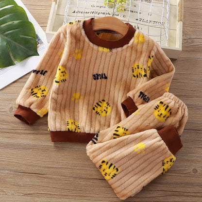 Cotton Autumn Winter Plus Fleece Warm Cartoon Top+Pants Set