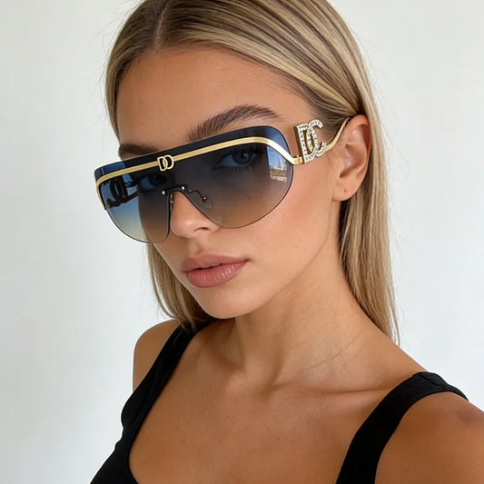 Rimless Shield Aviator Gold Metal Frame Sunglasses