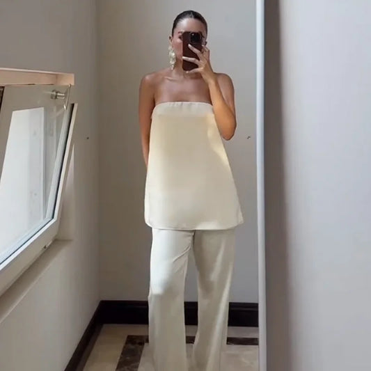 Satin Pant Strapless Off Shoulder High Waist Trousers Sets