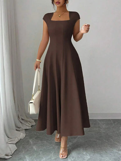 Square Neck Midi Cap Sleeve Fitted Flare Dress