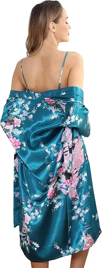 Floral Satin Kimono Robe and Nightgown Bathrobe Set