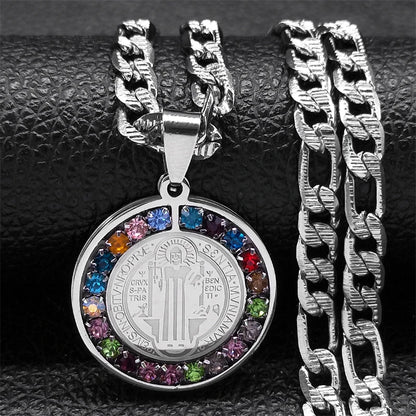 Colorful Crystal Saint Benedict Medal Necklace
