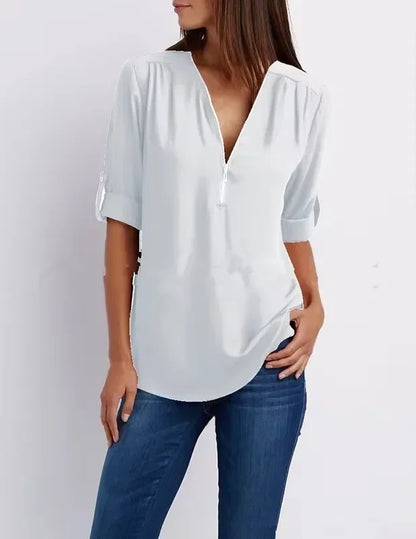 Loose Shirt Deep V Neck Chiffon Blouse