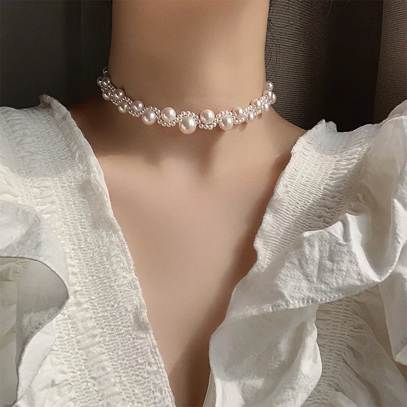 Big Imitation Pearl Necklace Bow Choker Necklace