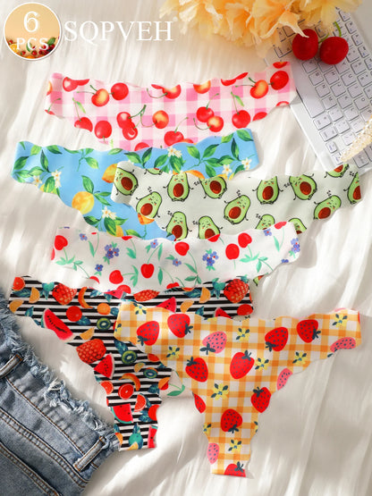 6Pcs Fruits Print Seamless Thongs No Show Invisible Soft Stretch Ice Silk Panties