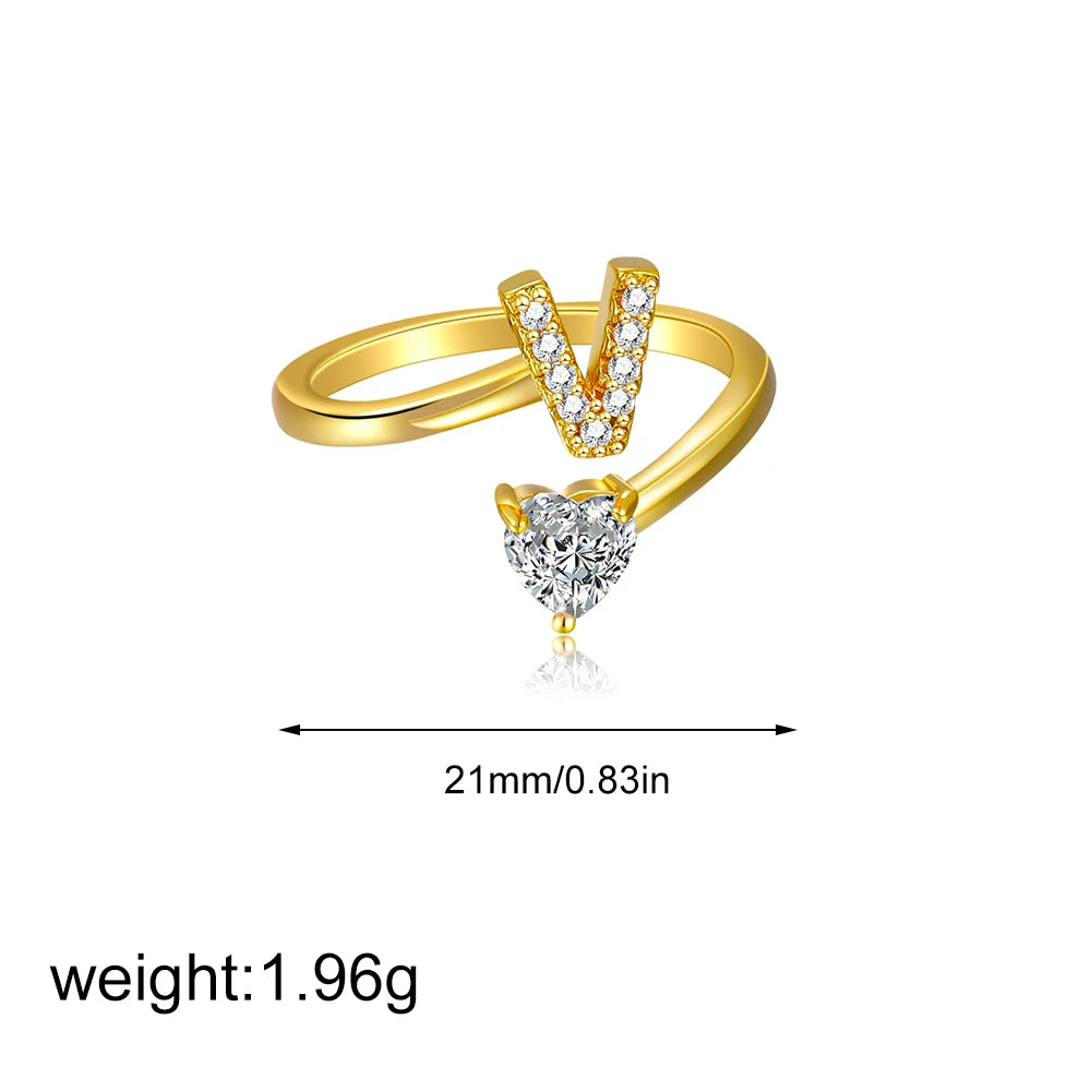 Gold Letter Open Heart Shape Cubic Zirconia  A-Z 26 Letter  Lnitials Rings