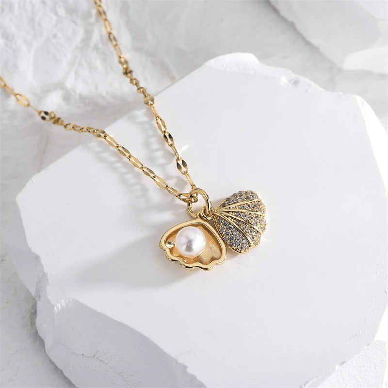 Openable Shell Pearl Necklace Rhinestone Jewelry